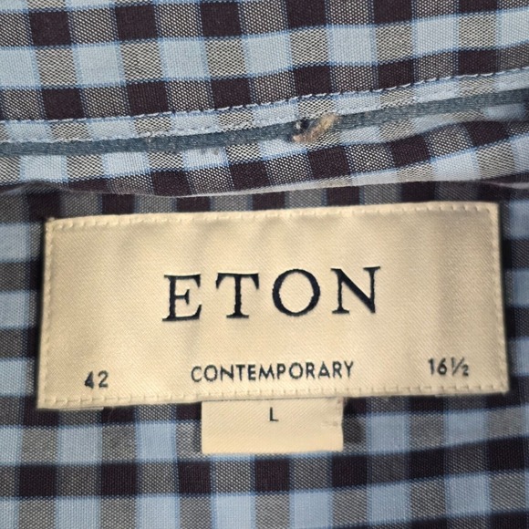 Eton Men Gingham Plaid Dress Shirt Size‎ Large Blue Business Office Workwear - Picture 6 of 14